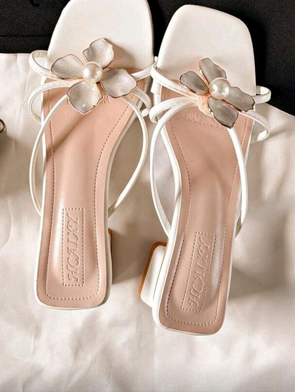 Summer New French Thick Heel Faux Pearl Flower Strap Sandals, Open Toe Vers
